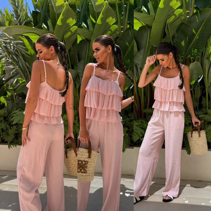 Women Pleated Ruffle Cropped Top with Spaghetti Straps and Wide High-Waist Pants Set Mune Fashion