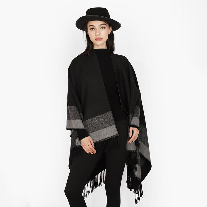 Women Rectangular Wool Blend Poncho Wrap with Open Front and Fine Fringe Hem Mune Fashion