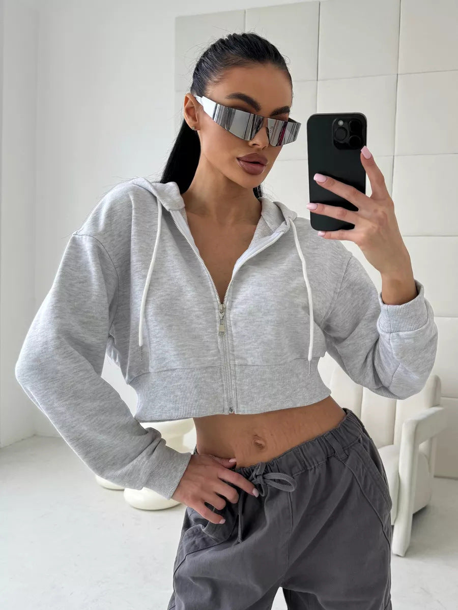 Women's Cropped Hooded Jacket with Short Zipper and Wide Ribbed Cuff Mune Fashion