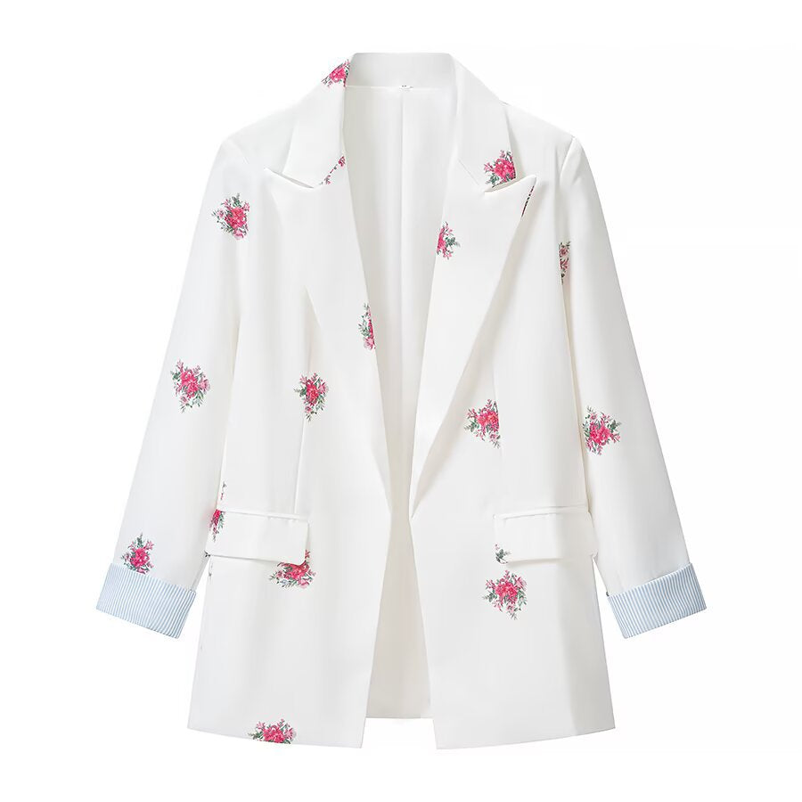 Women's Loose Longline Blazer with Floral Allover Print and Flap Pockets Mune Fashion