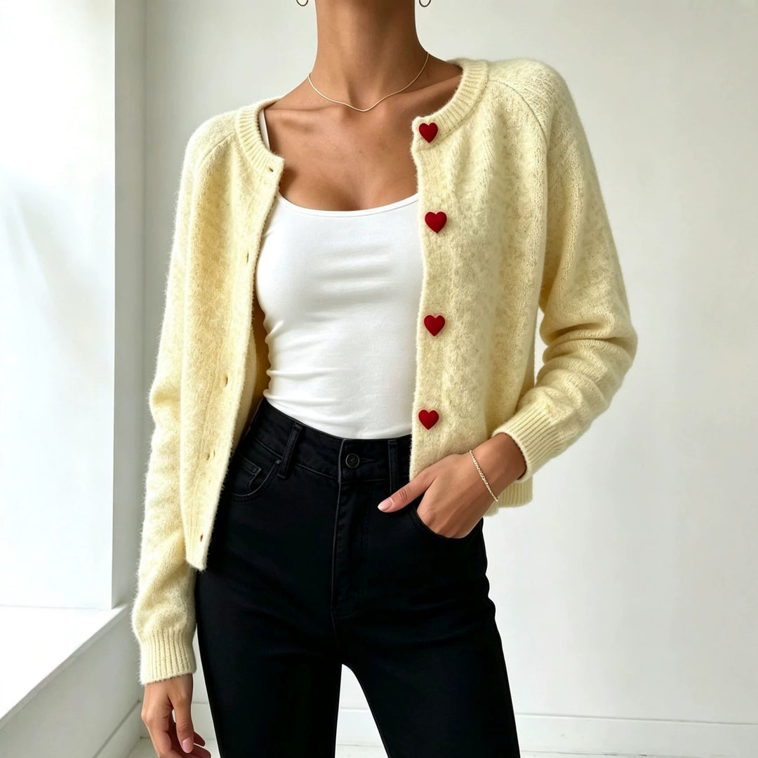 Women's knit cardigan with heart-shaped decorative buttons and soft mohair look Mune Fashion