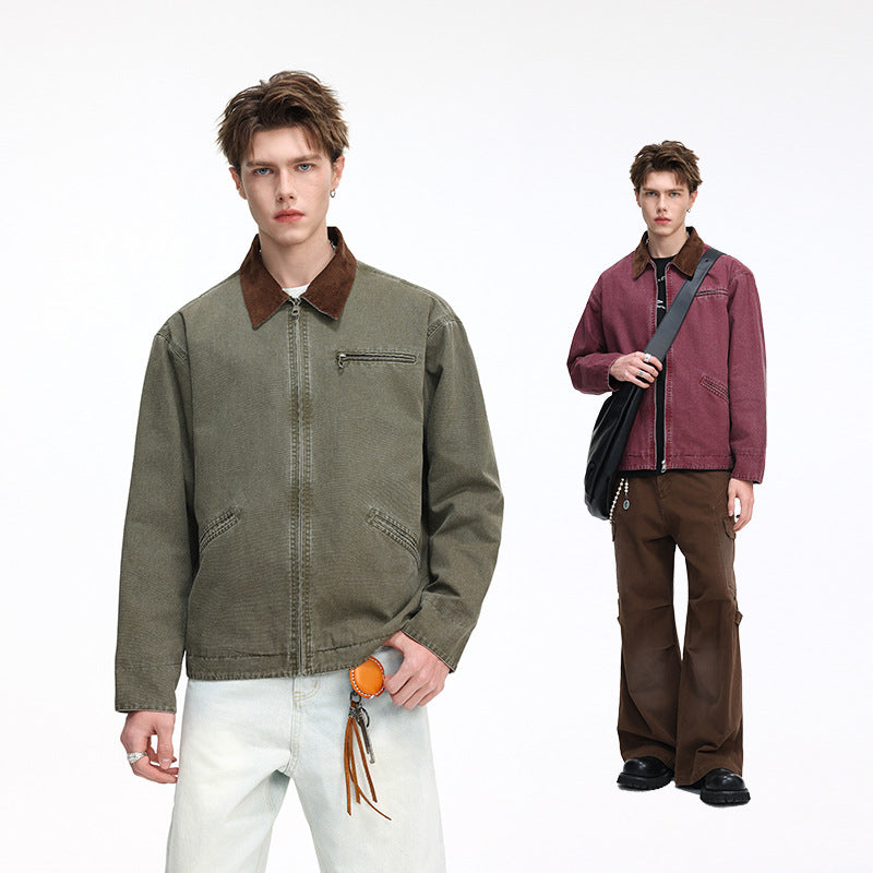 Men's casual jacket made of washed cotton canvas with cord collar and zip pocket Mune Fashion