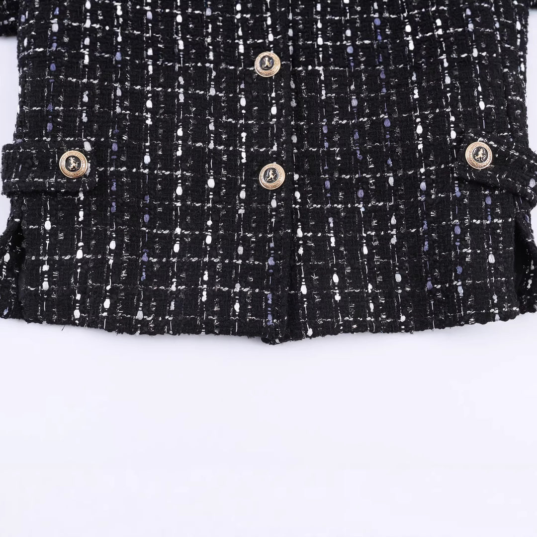 Women's casual tweed jacket with stand-up collar, decorative buttons, and patch pockets Mune Fashion
