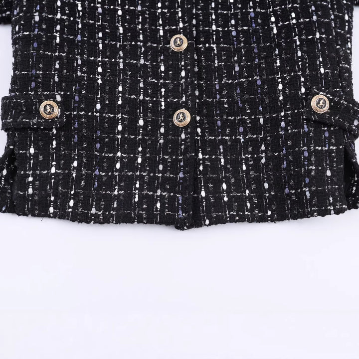 Women's casual tweed jacket with stand-up collar, decorative buttons, and patch pockets Mune Fashion