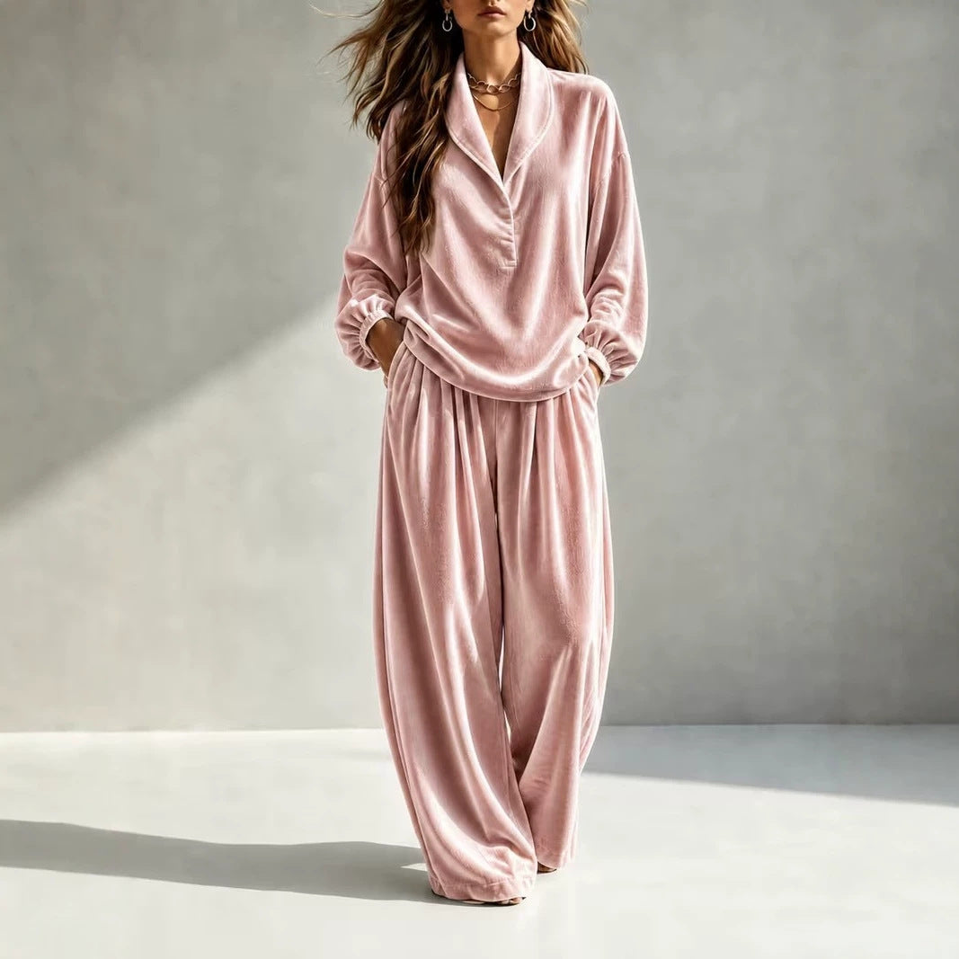 Women's Luxurious Velour Loungewear Set with Shawl Collar and Wide Palazzo Pants Mune Fashion