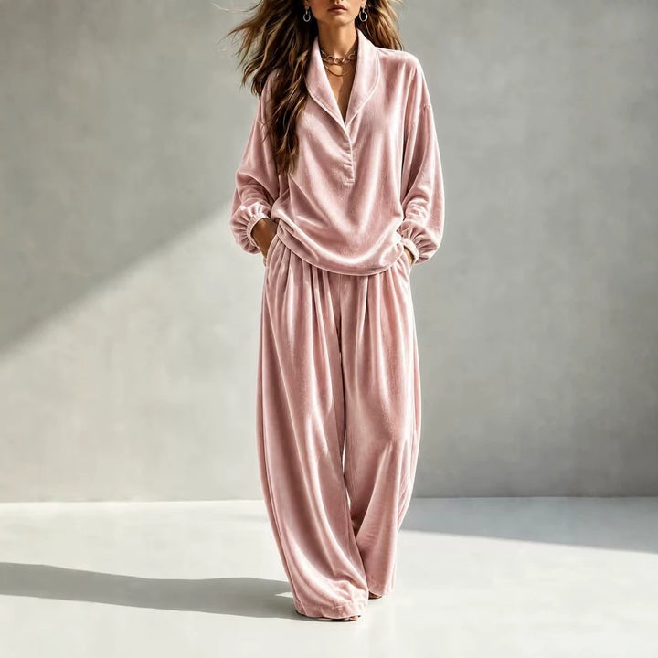Women's Luxurious Velour Loungewear Set with Shawl Collar and Wide Palazzo Pants Mune Fashion