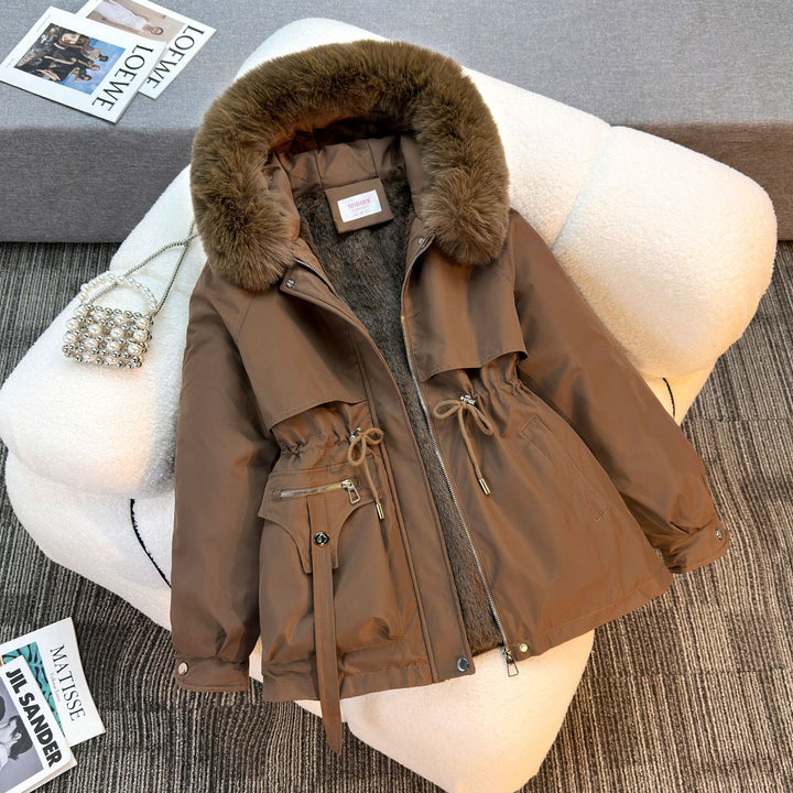Women's short padded parka with faux fur collar, teddy lining, drawstring waist, and multifunctional pockets Mune Fashion