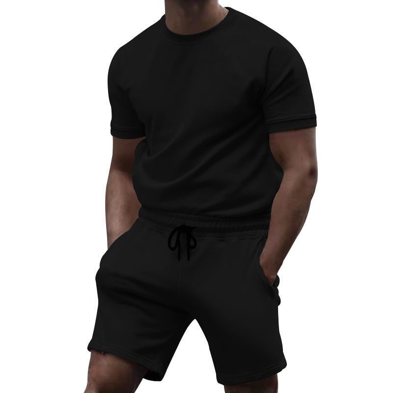Men's short-sleeve sweat set made of soft sweatshirt fabric with a round neck shirt and drawstring shorts Mune Fashion