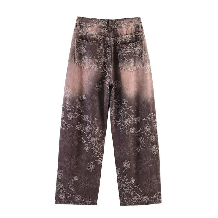 Women's High-Waist Jeans with Wide Leg, Floral Vintage Print and Five-Pocket Cut Mune Fashion