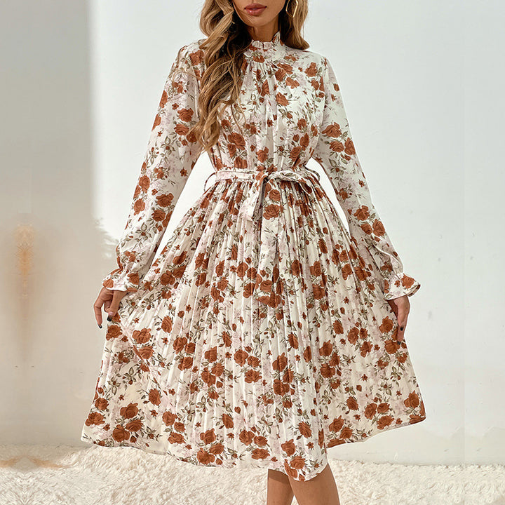 Women's Floral Midi Dress with Belt and Ruffle Details Mune Fashion