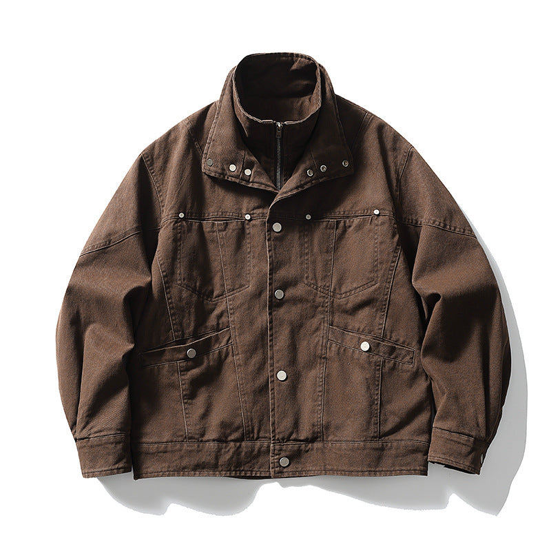Men's Oversized Canvas Jacket with Stand-Up Collar, Snap Button Front and Concealed Zipper Interior Insert Mune Fashion