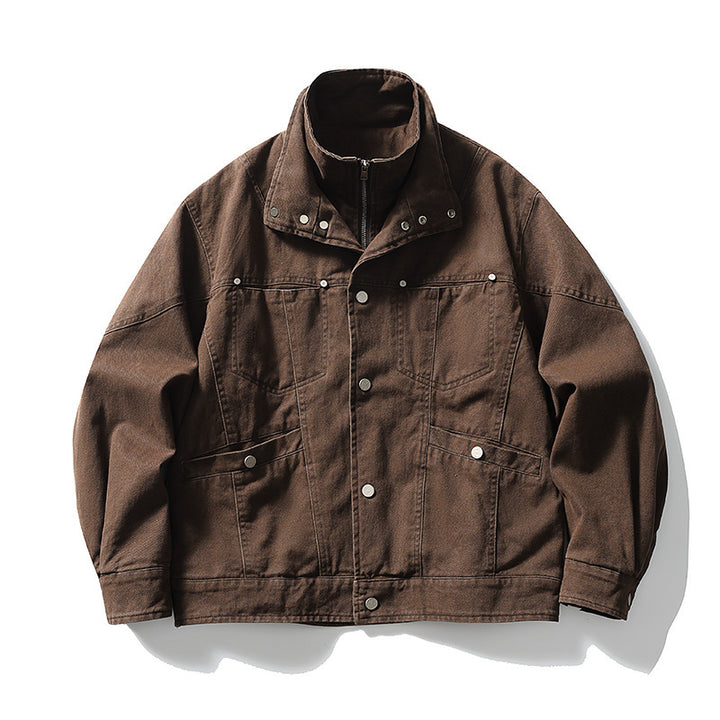 Men's Oversized Canvas Jacket with Stand-Up Collar, Snap Button Front and Concealed Zipper Interior Insert Mune Fashion