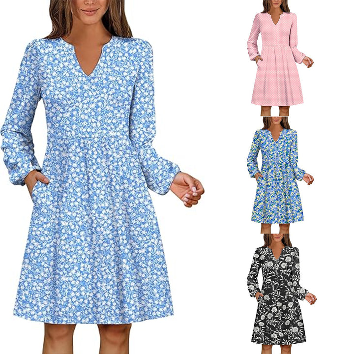 Women's Polka-Dot A-Line Dress with V-Neck and Waist Seam Mune Fashion