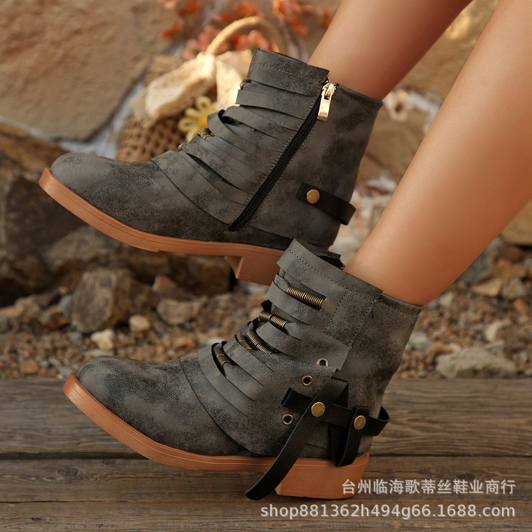 Women Fringe Ankle Boots with Layered Straps and Side Zipper Mune Fashion