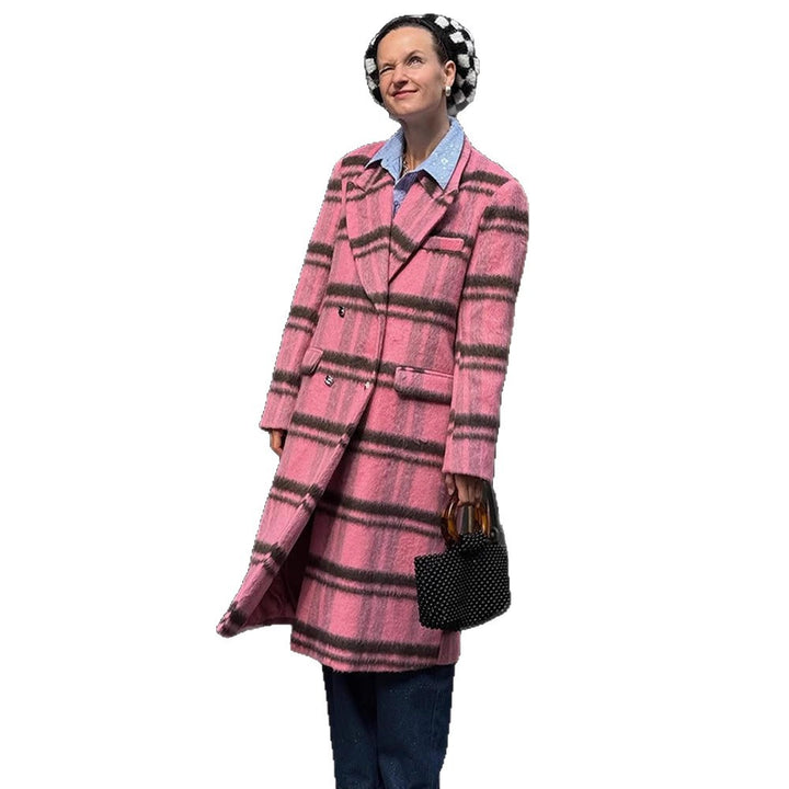 Women Mid-length checkered wool blend coat with double-breasted button placket and shawl collar Mune Fashion
