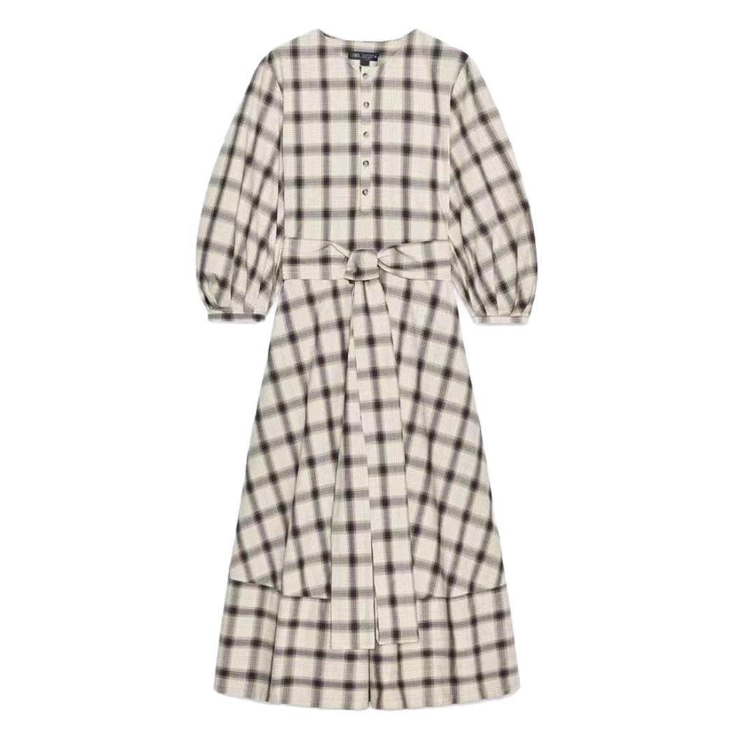 Ladies checked midi dress with balloon sleeves, waist belt and decorative button placket Mune Fashion