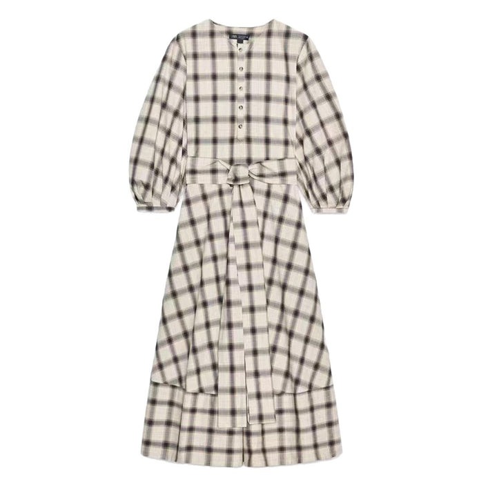 Ladies checked midi dress with balloon sleeves, waist belt and decorative button placket Mune Fashion