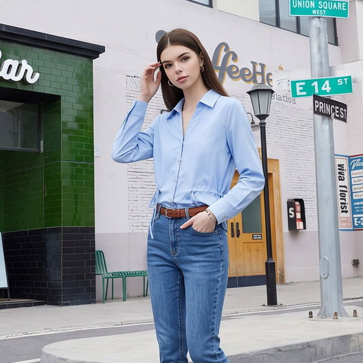 Women Lightweight Blouse with Drawstring Waist and Classic Shirt Collar Mune Fashion