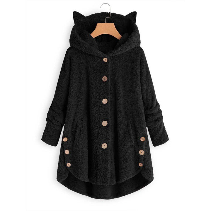 Women's Hooded Teddy Coat with Cat Ears, Button Placket and Asymmetrical Hem Mune Fashion