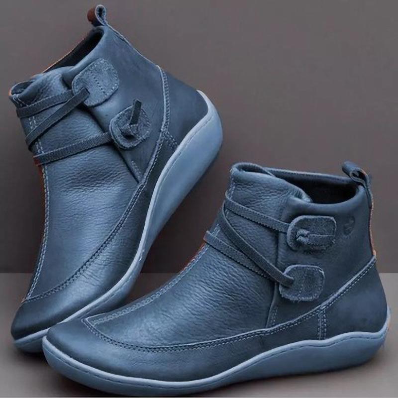 Women's ankle-high soft leather slip-on ankle boots with loop wrap straps and ergonomic rubber sole Mune Fashion