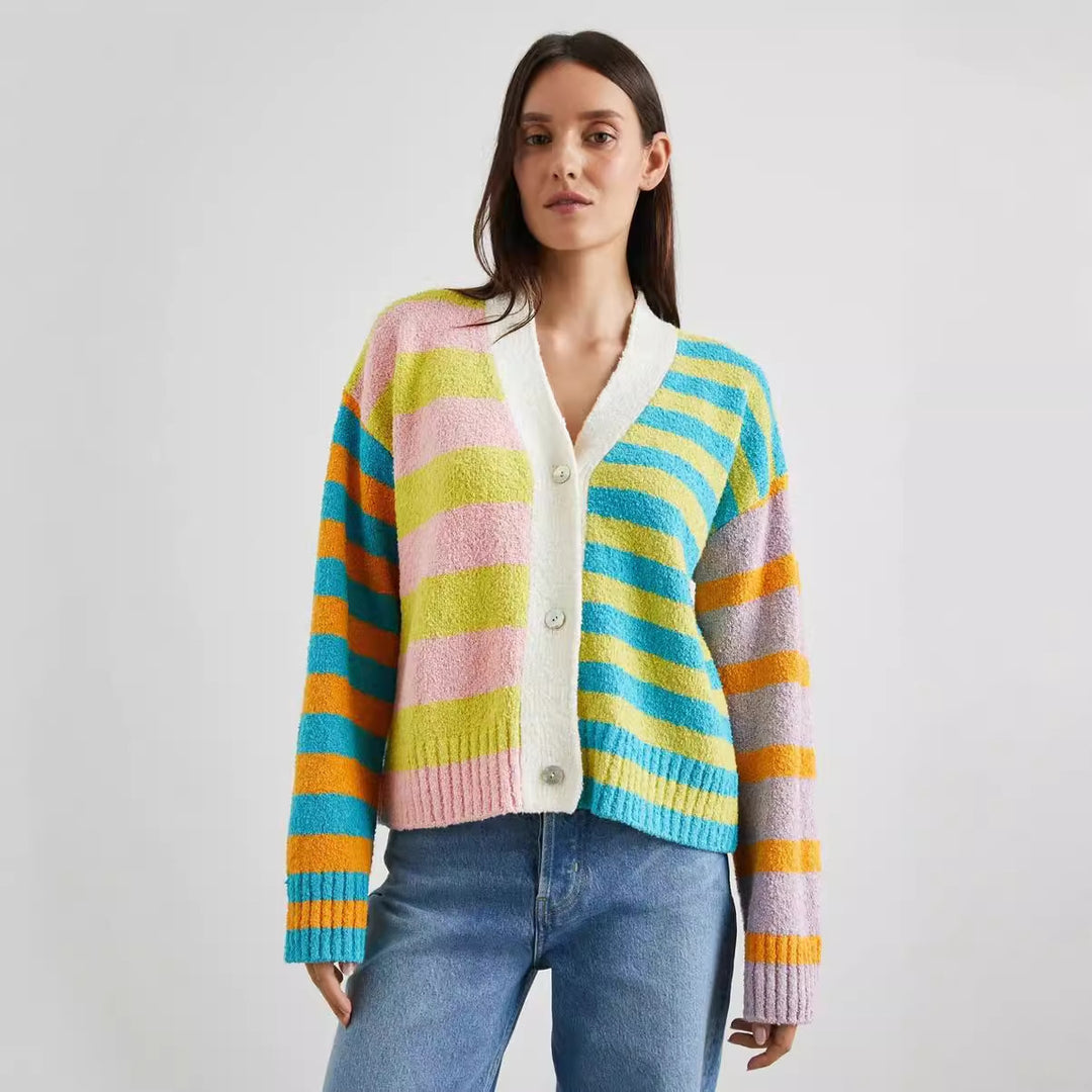 Women’s loose striped terry cardigan with V-neck and button placket Mune Fashion