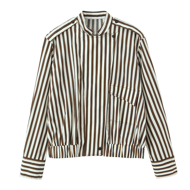 Women's Oversized Shirt Jacket with Stand Collar, Chest Pocket, and Elastic Hem Mune Fashion