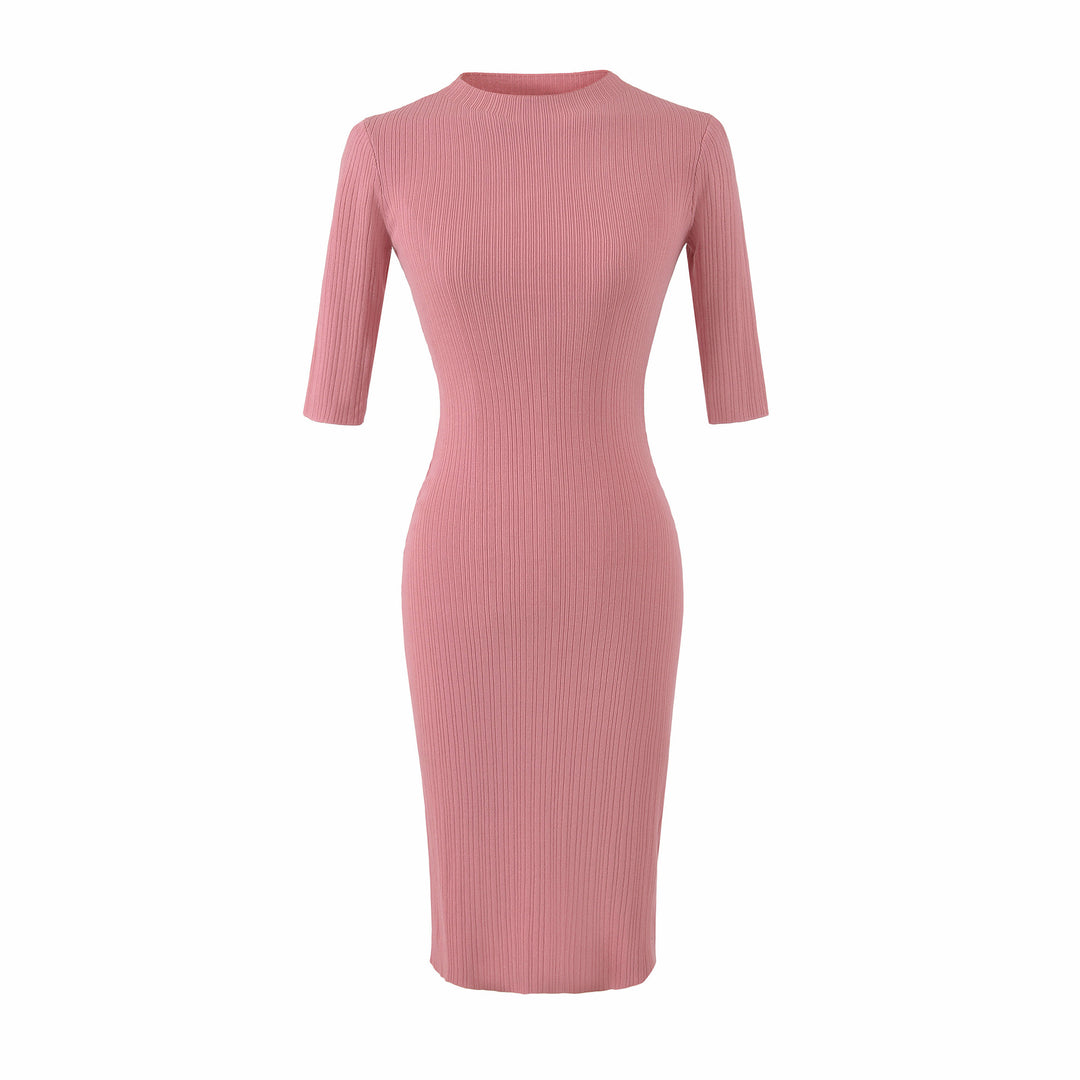 Women's fitted ribbed midi dress with half sleeves and stand-up collar Mune Fashion
