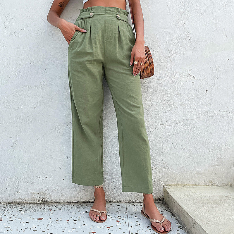 Women's High-Waisted Culotte Pants with Pleats, Button Tabulation and Wide Leg Mune Fashion