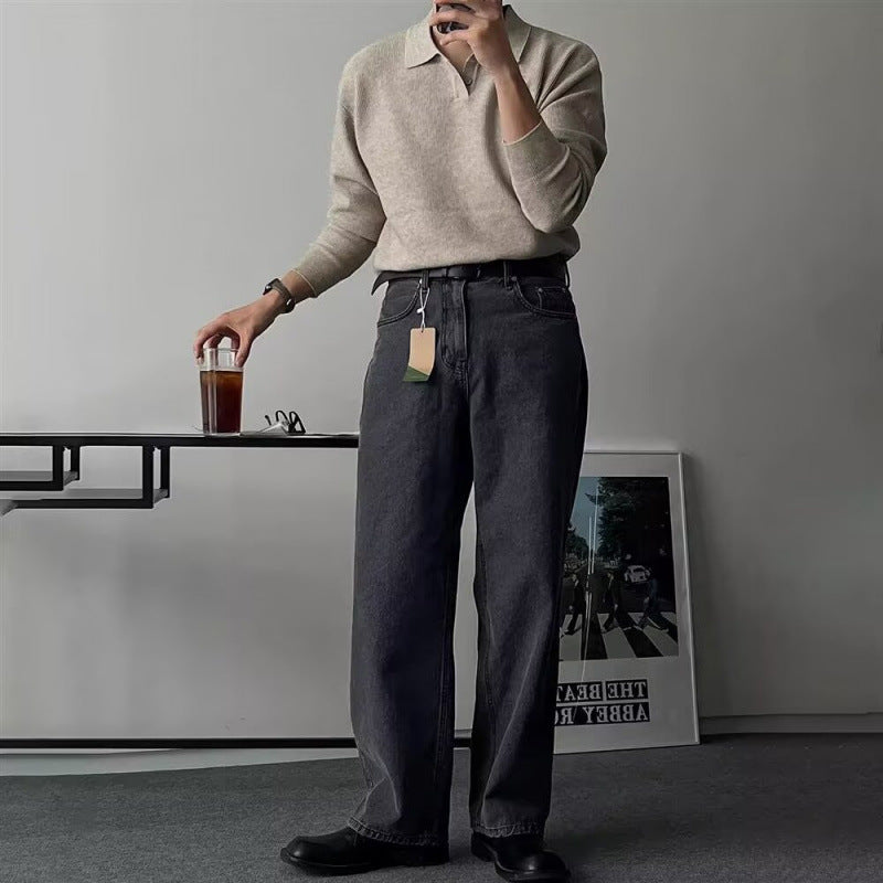 Men Elegant Long Sleeve Polo Sweater with Ribbed Structure Mune Fashion
