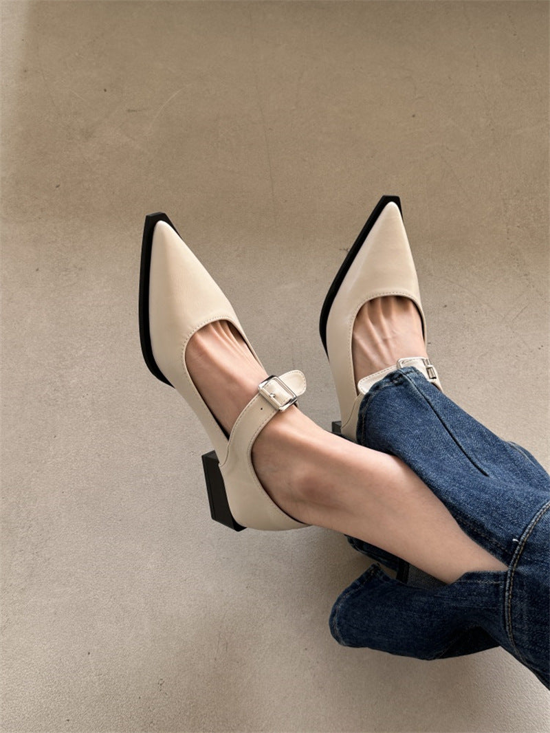 Women's pointed-toe strappy pumps with adjustable buckle strap and low block heel Mune Fashion