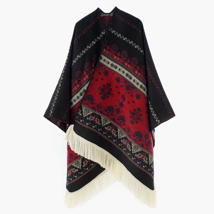 Women's Woven Ethno-Poncho with Fringes and Jacquard Pattern Mune Fashion