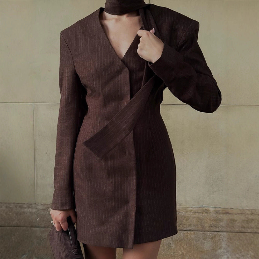 Women Pinstripe tailored blazer dress with sculpted shoulder and integrated tie collar Mune Fashion