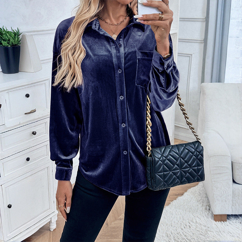 Women Elegant Velvet Blouse with Button Details Mune Fashion