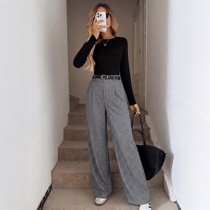 Women's High-Waisted Fabric Pants with Pinstripes Mune Fashion