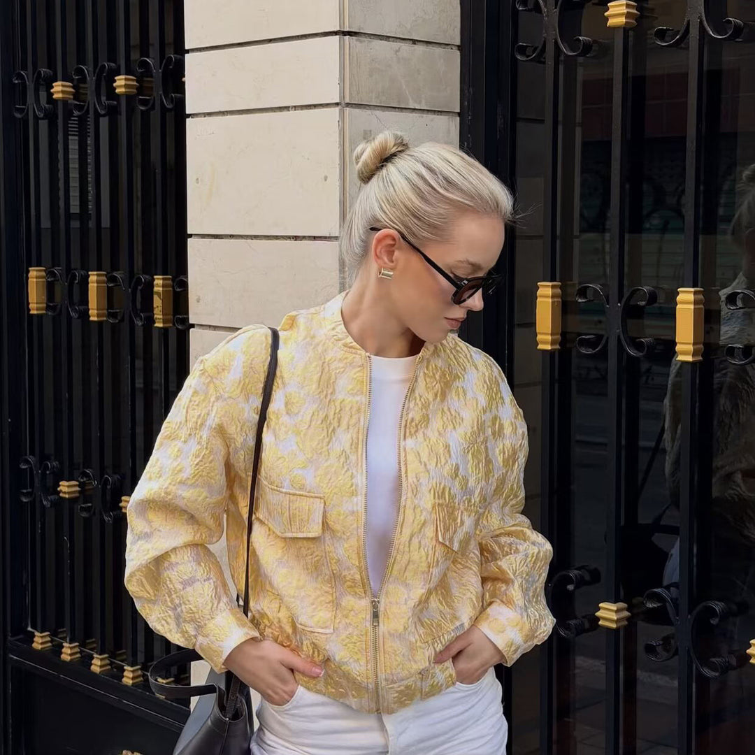 Women's Embossed Bomber Jacket with Floral Jacquard, Zipper and Patch Pockets Mune Fashion