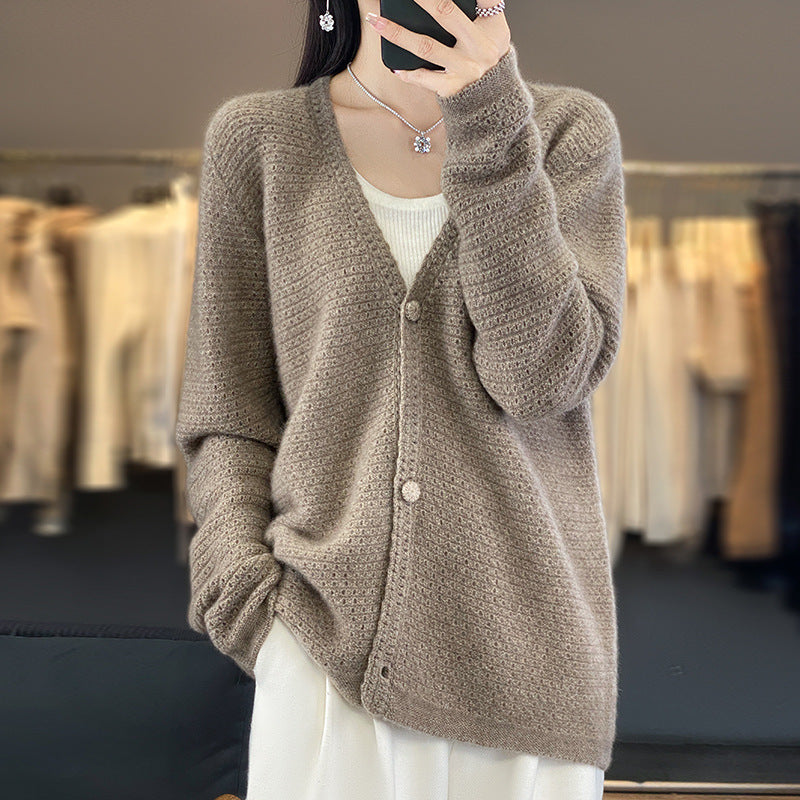 Women's Open Ajour Knit Cardigan with Subtle Plush Finish and Boxy Oversize Silhouette Mune Fashion