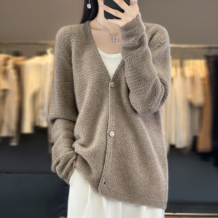 Women's Open Ajour Knit Cardigan with Subtle Plush Finish and Boxy Oversize Silhouette Mune Fashion