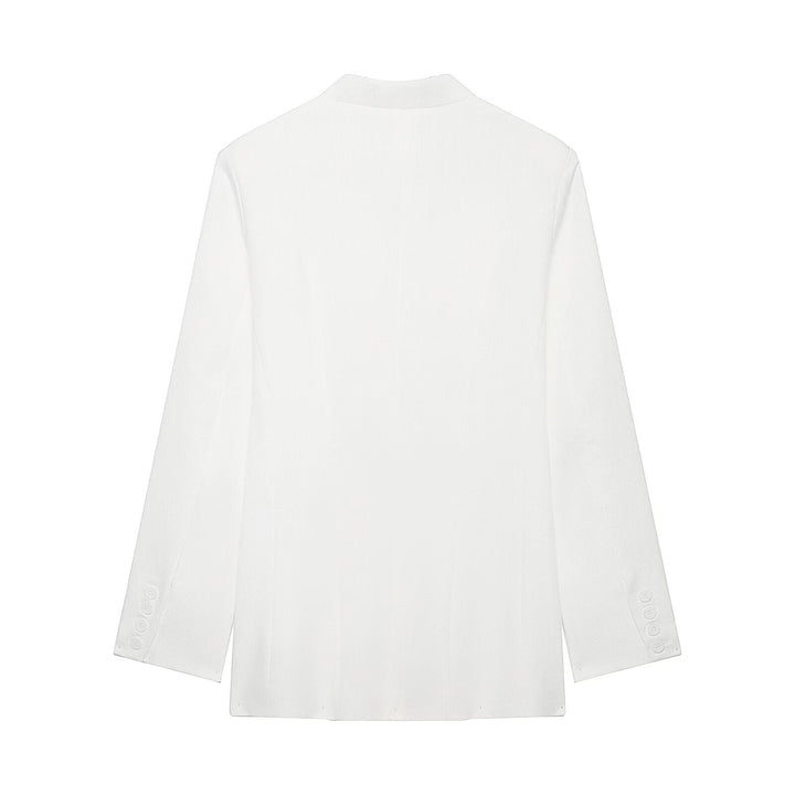 Women's Mandarin Collar Long Blazer with Button Placket and Patch Pockets Mune Fashion