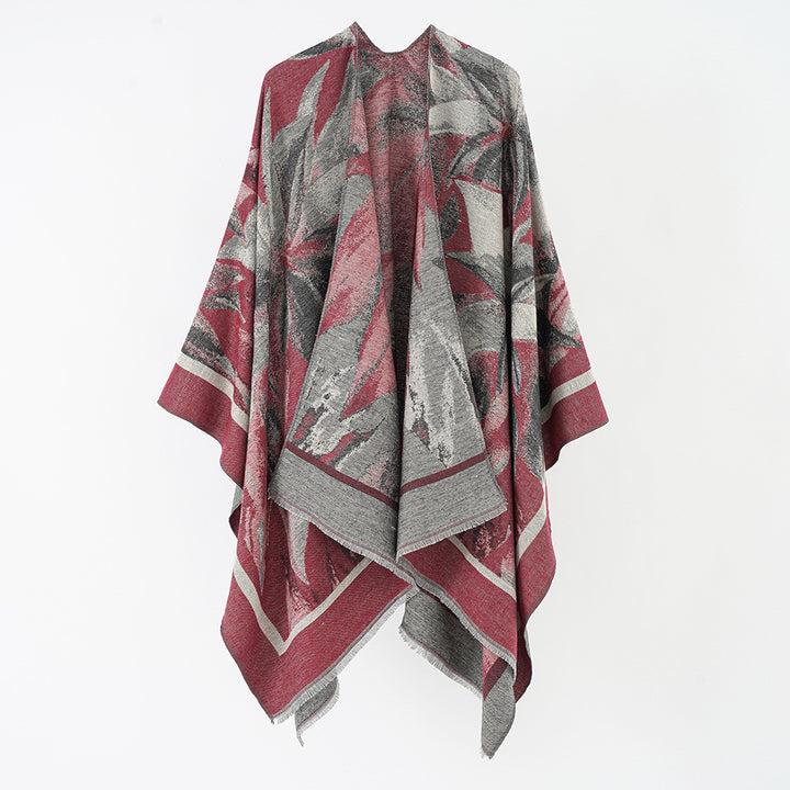 Women's jacquard wrap poncho with floral-abstract woven texture and softly falling oversized cape Mune Fashion