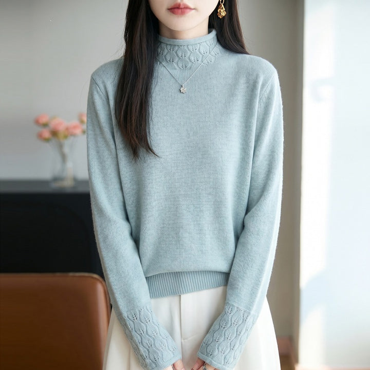 Women's Mockneck Fine Knit Sweater with Openwork Detail at Collar and Cuffs Mune Fashion