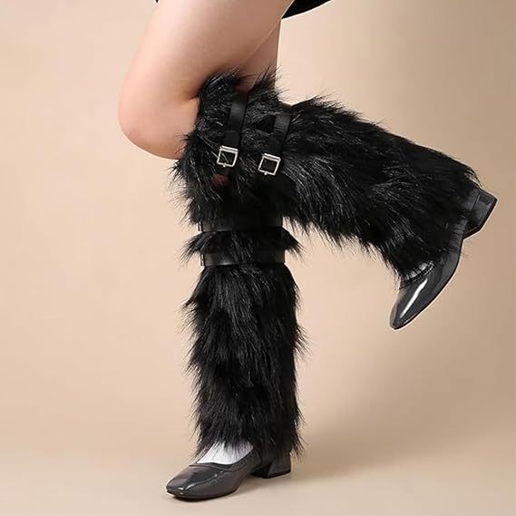 Women's Long Faux Fur Leg Warmers with Adjustable Buckles and Platform Cuffs Mune Fashion