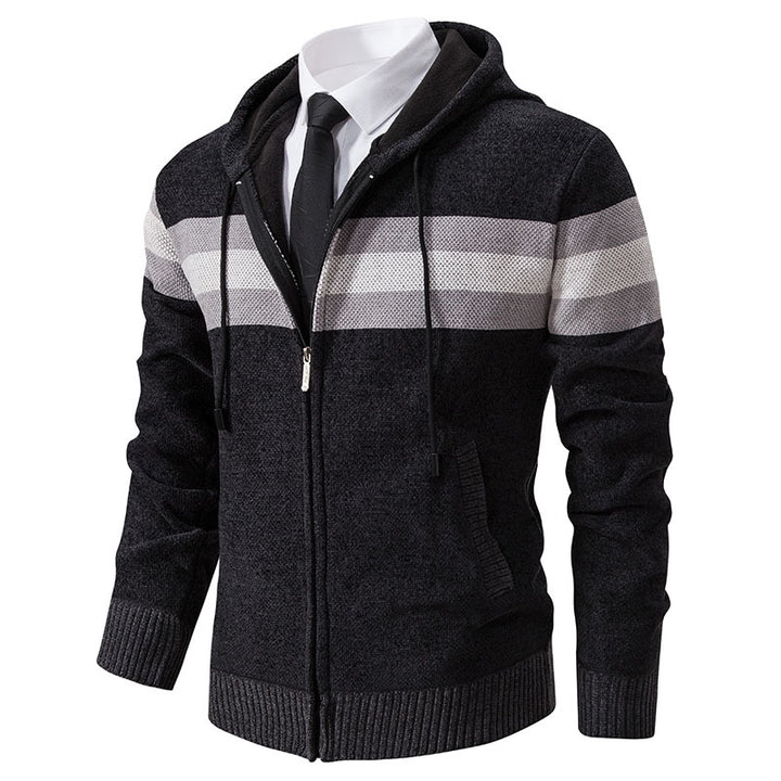 Men's Knitted Hooded Cardigan with Contrast Stripes and Zipper Mune Fashion