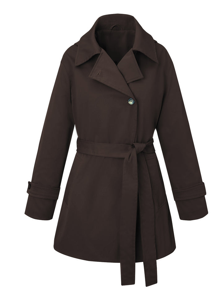 Ladies short trench coat with tailored tie belt and wide lapels Mune Fashion