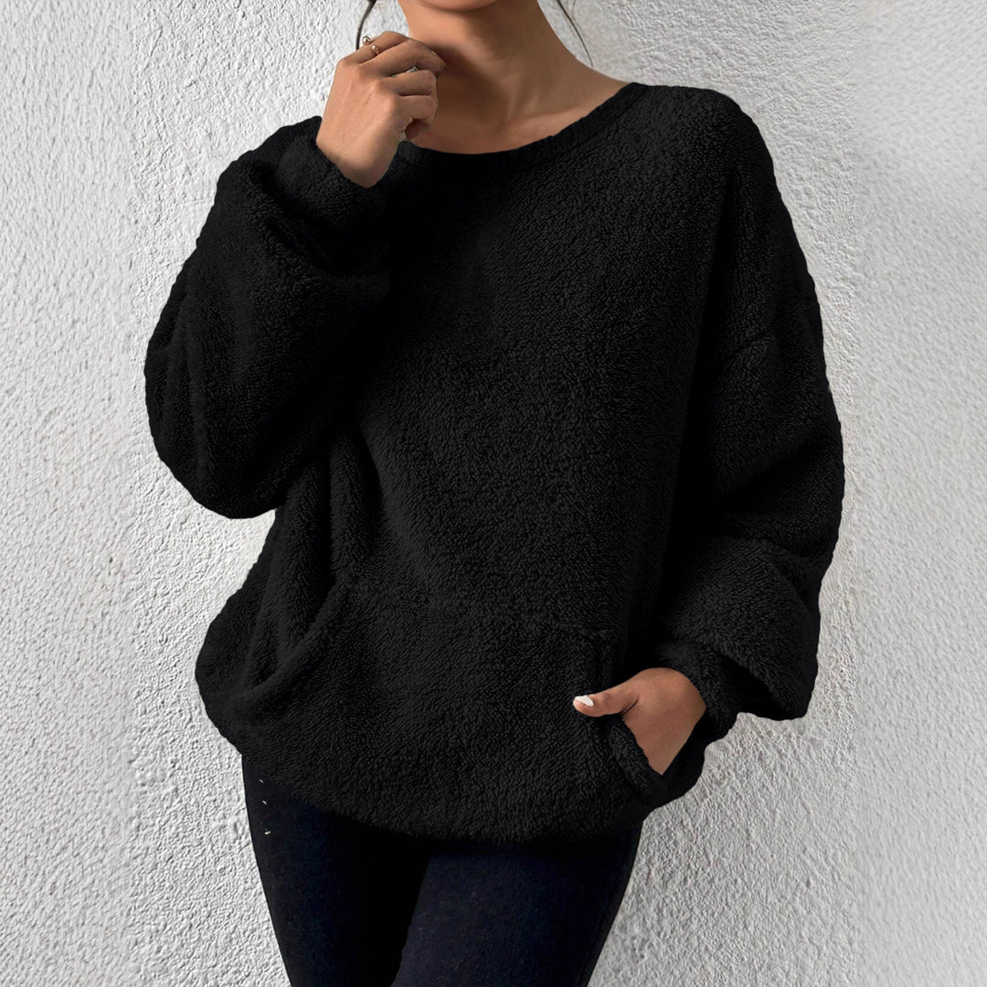 Women Cozy Teddy Fleece Sweater with Kangaroo Pocket Mune Fashion