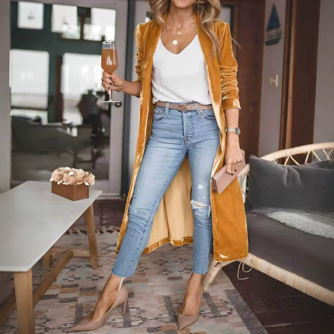 Women Elegant Velour Jacket with High Collar Mune Fashion