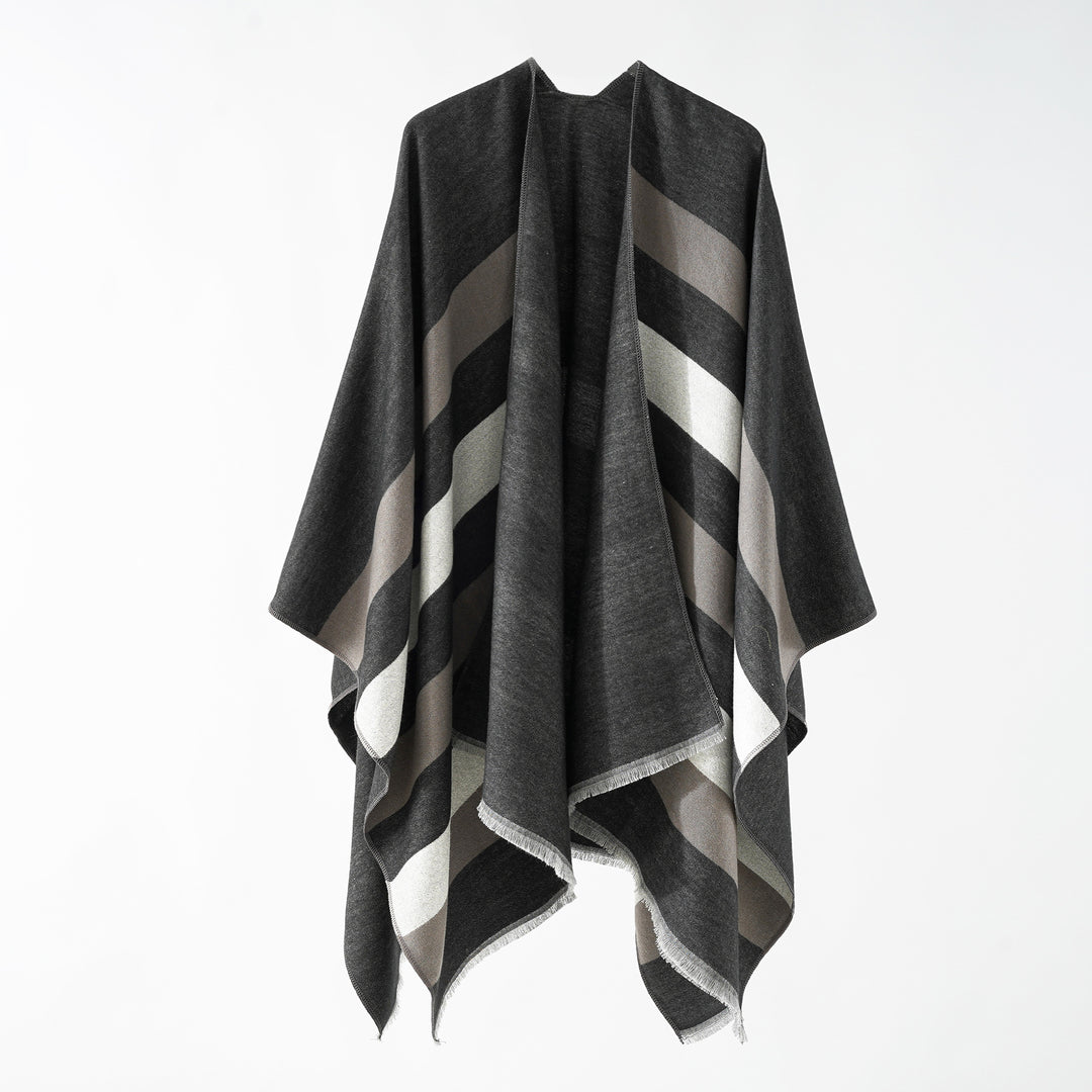 Women's Fine Wool Blend Cape with Diagonal Stripe Structure and Fringed Hem Mune Fashion
