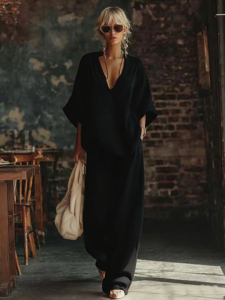 Women's casual two-piece linen-look set with deep V-neck, oversized blouse and wide palazzo pants Mune Fashion