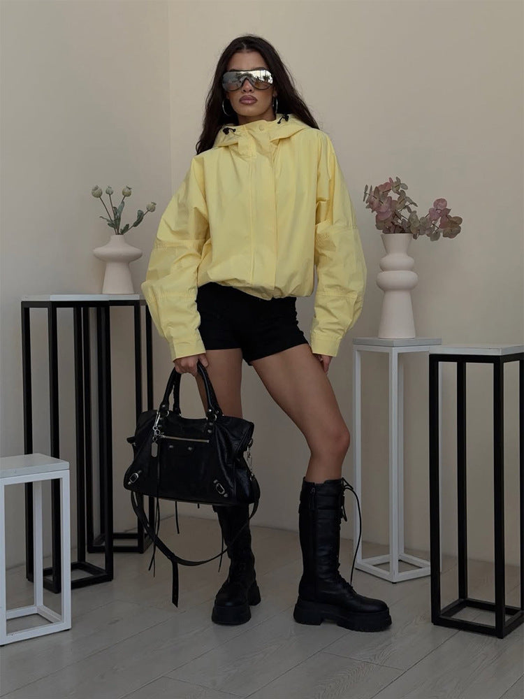 Women's Oversize Windbreaker Jacket with Hood and Short Cropped Cut Mune Fashion