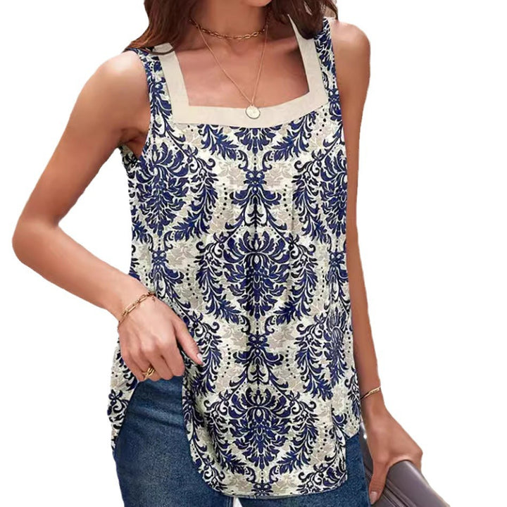 Women's sleeveless linen look top with square neckline, ornamental baroque print and rounded hem Mune Fashion