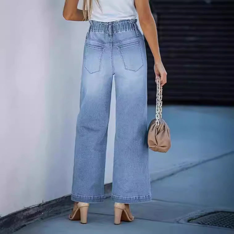 Women high-waisted wide-leg jeans with drawstring waistband and casual culotte silhouette Mune Fashion